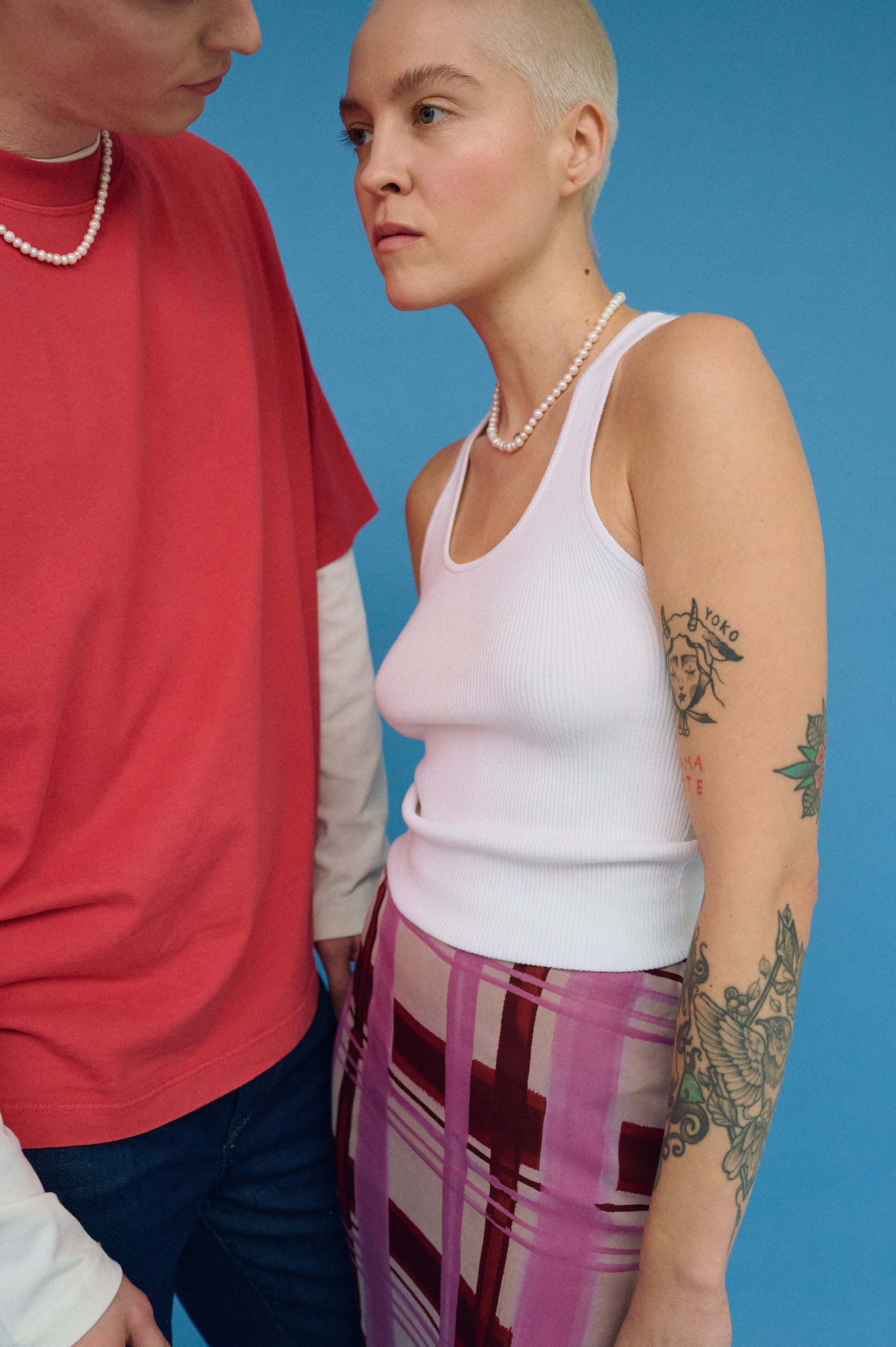 Close-up of round freshwater pearl necklace on woman